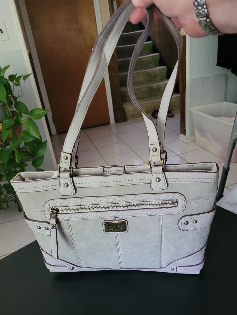 B.O.C. Women's Off White Faux Leather Tote Bag with Accent Trim